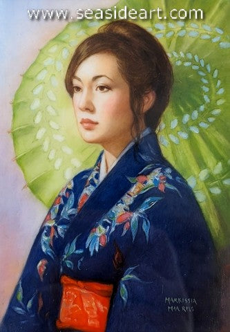 Girl in the Blue Kimono is an oil on ivorine painting  by Markissia Touliatos