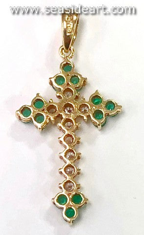 Lady's 18K Yellow Gold Natural Emerald and Diamond Cross Pendant