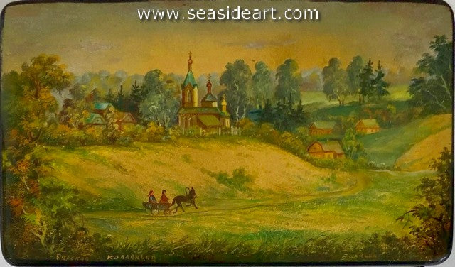 Vintage Black Lacquered Russian Box- "Fedoskino Landscape"