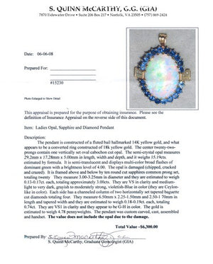 Opal, Sapphire & Diamond Ladies Pendant 18kt Yellow Gold by Jewelry - Seaside Art Gallery