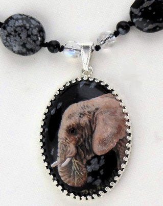 A Snowflake Obsidian Pendant With Elephant by Jewelry - Seaside Art Gallery
