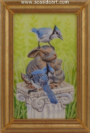 Blue Jays With Baby Bunnies Sculpture by Beverly Abbott - Seaside Art Gallery