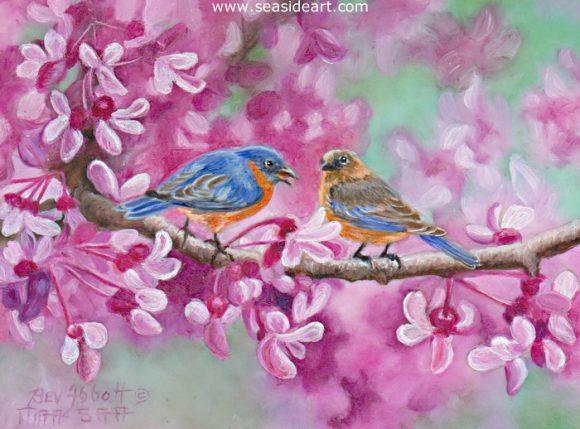 Red Bud and Blue Birds is a miniature oil painting by Beverly Abbott