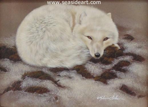 Arctic Nap is a watercolor painting of an Arctic Fox by Rebecca Latham