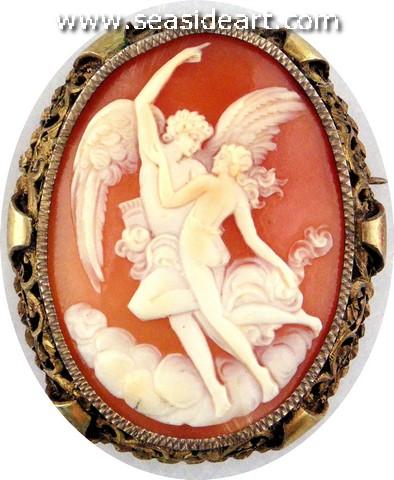 Vintage Lady's Shell Cameo Brooch/Pendant, Eros & Psyche