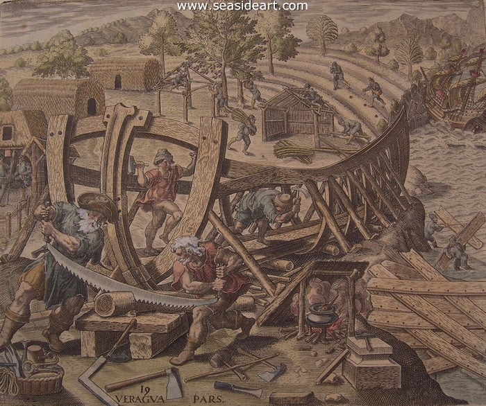 Lope de Olana Rebuilds His Ship, Making a Ship in the New World by Theodore de Bry. Watercolor engraving, circa 1594,