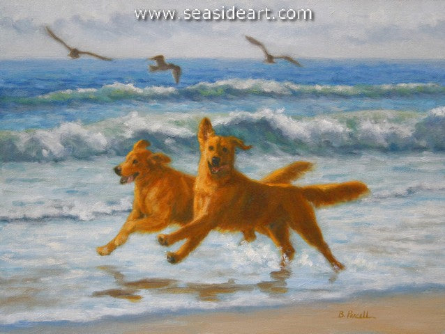 Happiness is an original oil painting of golden retrievers on the beach by artist Beth Parcell.