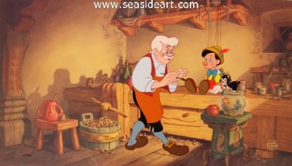 Geppetto's Workbench is a hand painted limited edition cel based on the movie Pinocchio by Walt Disney Studios