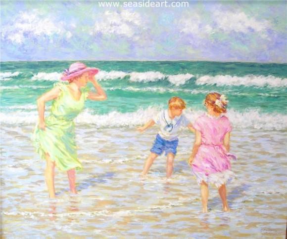 Playing by the Shore is an original oil painting on canvas by Karin Schaefers created in the impressionistic style.