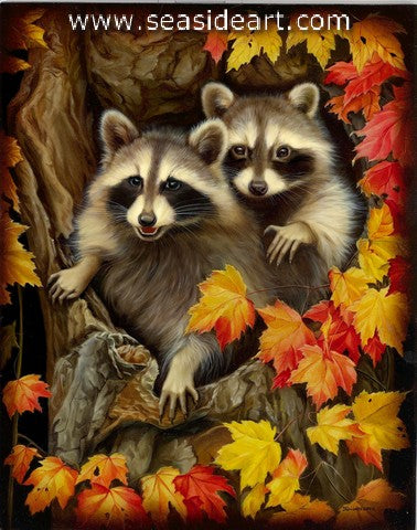 Raccoon Family is a lacquered oil painting by artist, Irina Kouznetsova.