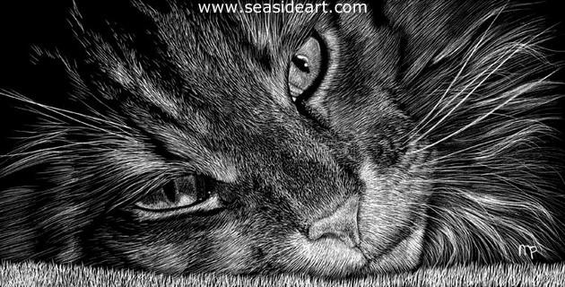 Sebastian is a miniature work of art created by scratchboard by Michelle Pattee