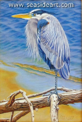 A Day at the Beach is an original miniature oil painting of a great blue heron by the artist, Beverly Abbott