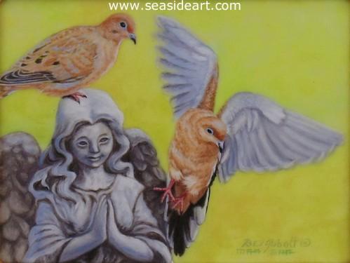 On a Wing and A Prayer is a miniature oil painting on ivorine by artist, Beverly Abbott