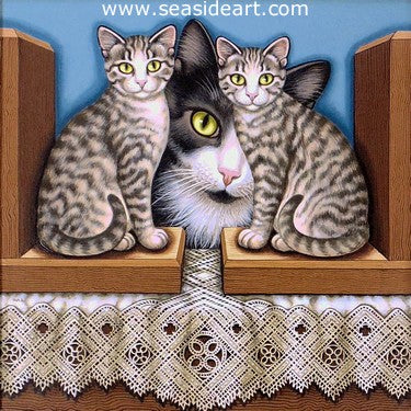 Between the Bookends is an acrylic painting by Sue Wall. This is of two cats as bookends and one cat peeking between them. 