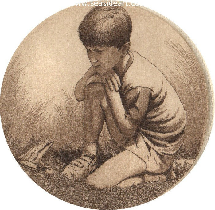 The Boy and the Frog is an etching by artist, David Hunter