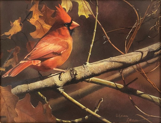 Red and Vines is an original watercolor painting by the award winning artist, Karen Latham. The original art is of a cardinal.