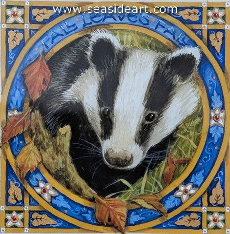 Fall Leaves Fall - Badger is a gouache painting by Debby Faulkner-Stevens.