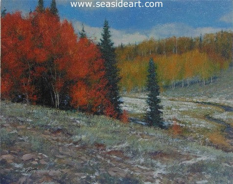 Fall with Frosting is an oil painting of a landscape by Travis Humphreys