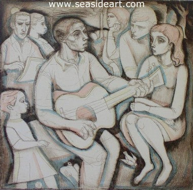 Folk Singer is an original etching by artist, Irving Amen.