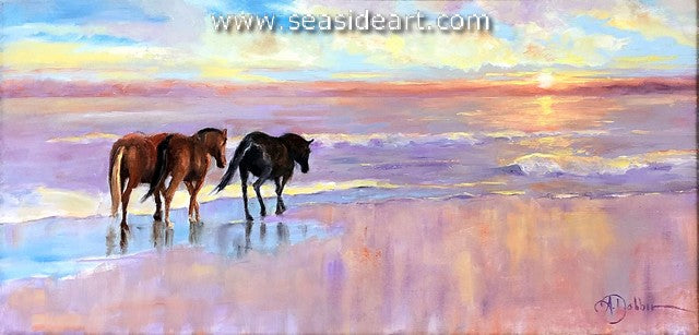 Follow the Sun is an original oil painting of the wild horses on the Outer Banks beach by artist, Alice Ann Dobbin. 