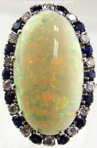 Opal, Sapphire & Diamond Ring 18kt White Gold