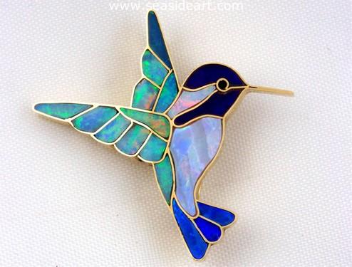 14K Yellow Gold with Opal and Multiple Gemstone Inlay Hummingbird Brooch