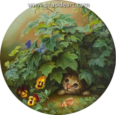 Hide and Seek Game is a lacquered oil painting of a cat by artist, Irina Kouznetsova.