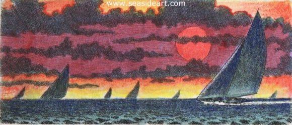 Looking West is a water colored etching by David Hunter of sailboats in a sunset