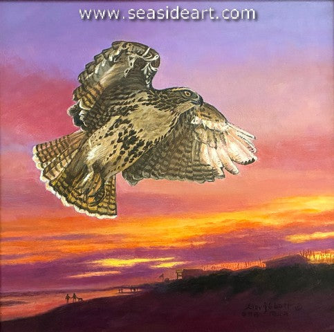 Red Tailed Hawk's Late Evening Flight is an oil painting by Beverly Abbott.