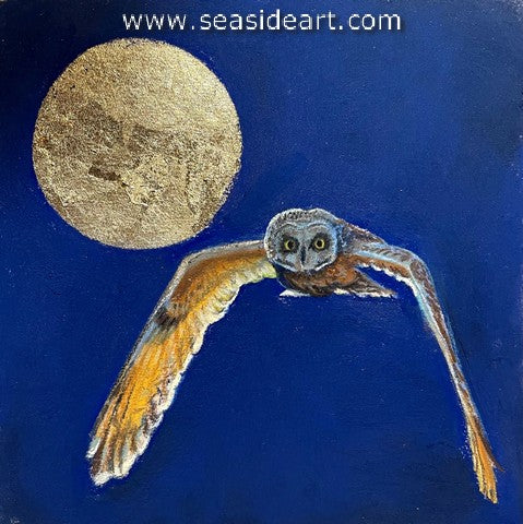 Returning: Owl & Moon Series is a pastel and gold painting by artist, Lori Goll