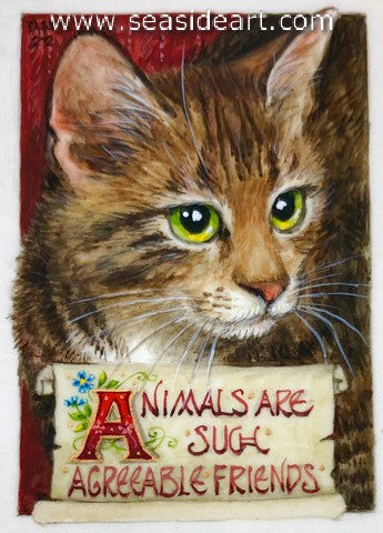 Such Agreeable Friends is a miniature gouache on vellum painting of a cat by artist Debby Faulkner-Stevens