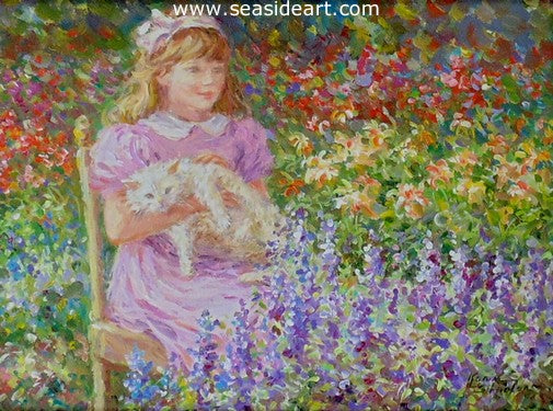 The Artist's Garden is an oil painting of a young girl with a white cat by the artist, Karin Schaefers. This original work of art is created in an impressionistic style.
