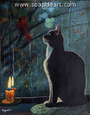 The Cat, the Cardinal and the Candle is an acrylic painting by artist, Pam Broockman.