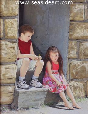 The Last Dandelion is an original watercolor painting of two children by Lynn Ponto Peterson