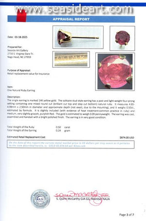 One 14K Yellow Gold Stud Ruby Earring-(Not a Pair)