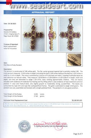 18k Yellow Gold Natural Ruby Cabochon Ornate Cross Pendant