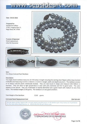 Gray Akoya Pearl Strand Necklace with Sterling Silver Clasp
