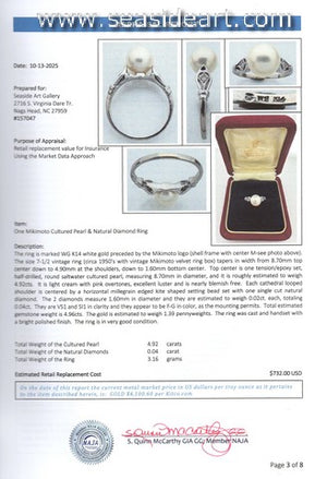 One Mikimoto Cultured Pearl and Natural Diamond Ring
