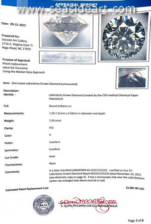 One Loose Round Brilliant Cut Lab Grown Diamond - 1.50ct