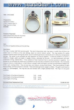 14K Two-tone Gold Ring with Natural Sapphire and Natural Emeralds