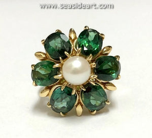 Natural Tourmalines and Cultured Pearl 14K Yellow Gold Ring