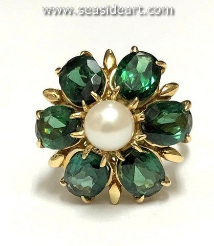 Natural Tourmalines and Cultured Pearl 14K Yellow Gold Ring