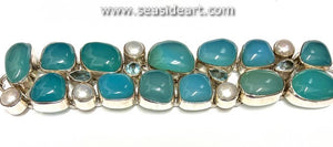 Sterling Silver Bracelet with Chalcedony, Blue Topaz & Pearls