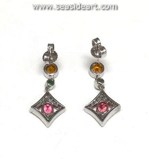 Pair of Natural Multi-Gemstone Dangle Earrings-14K White Gold