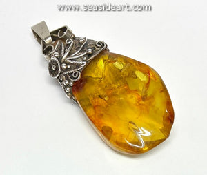 Large Amber Pendant in Silver Floral Design