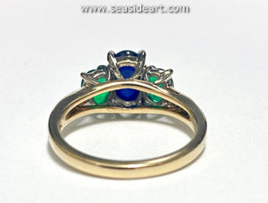 14K Two-tone Gold Ring with Natural Sapphire and Natural Emeralds
