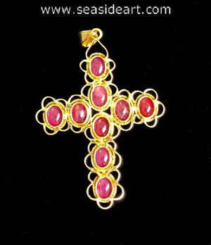 18k Yellow Gold Natural Ruby Cabochon Ornate Cross Pendant