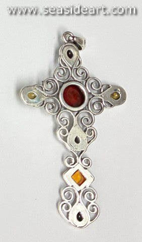 Sterling Silver Cross Pendant with Amber