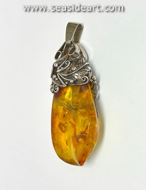 Large Amber Pendant in Silver Floral Design