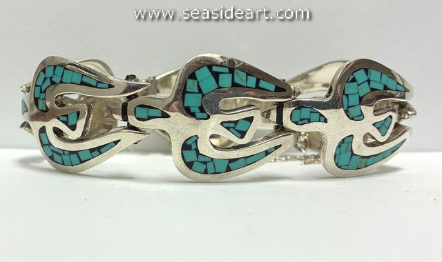 Vintage Sterling Silver & Turquoise Mosaic Bracelet-Gato de Taxco